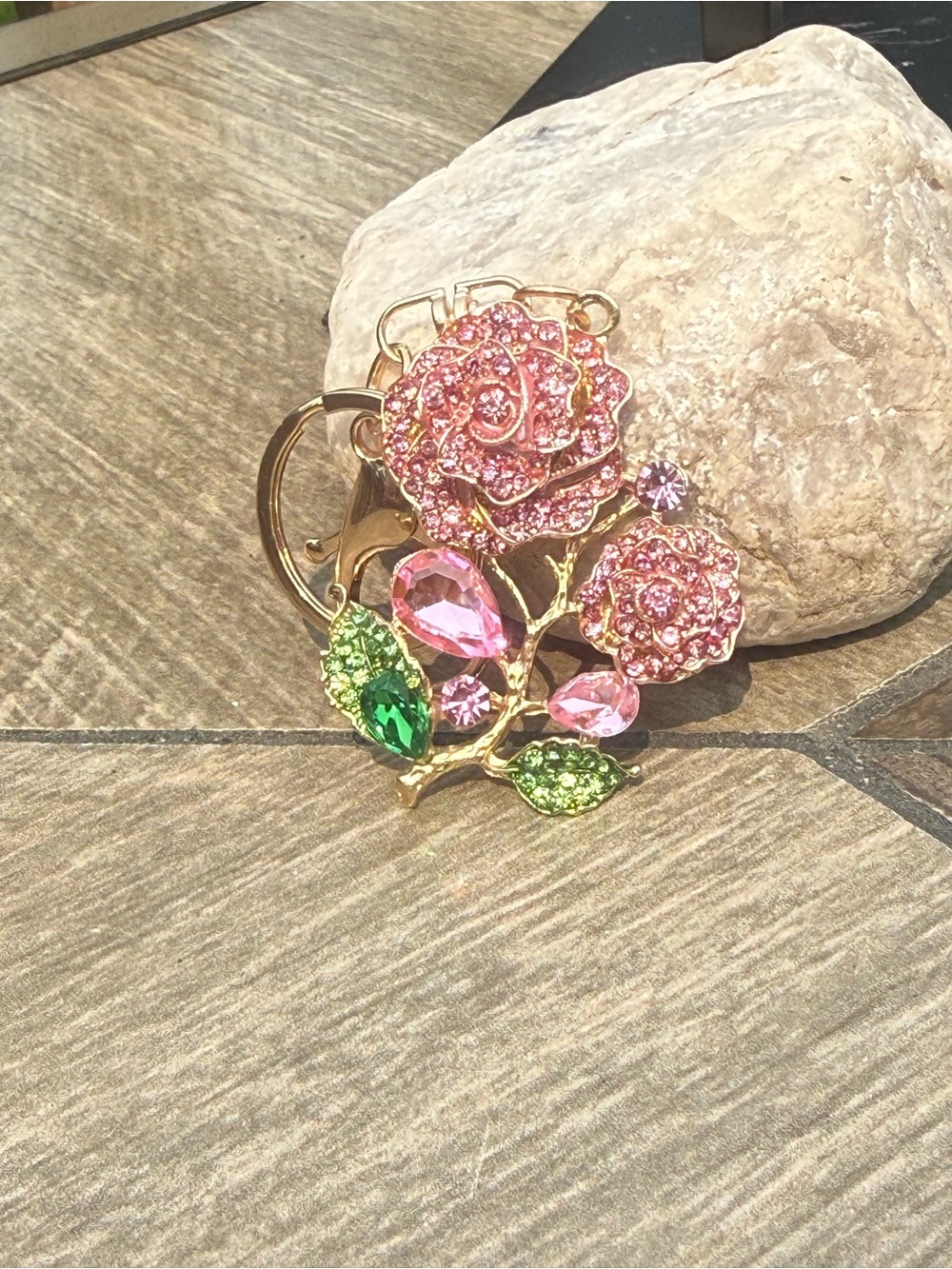 NWT Pink Crystal Rose Keychain with Green Accents - Picture 4 of 9